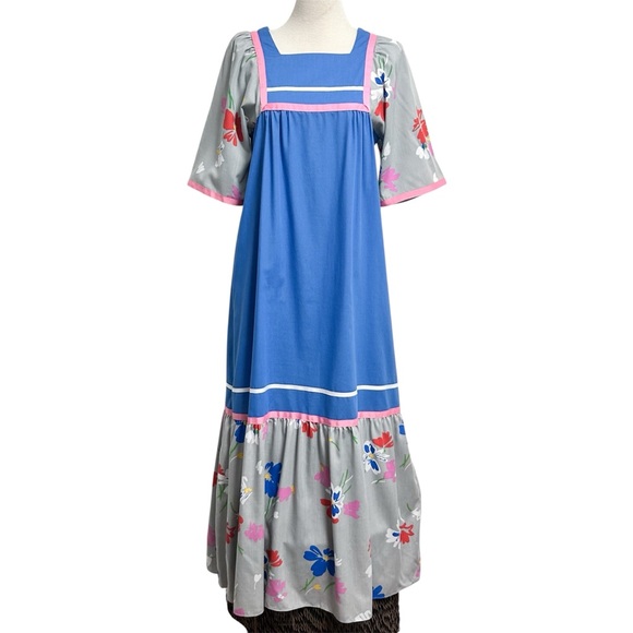 Carol Bennett Vintage Blue Grey Pink Floral 1/2 Puff Sleeve Long Mumu Medium